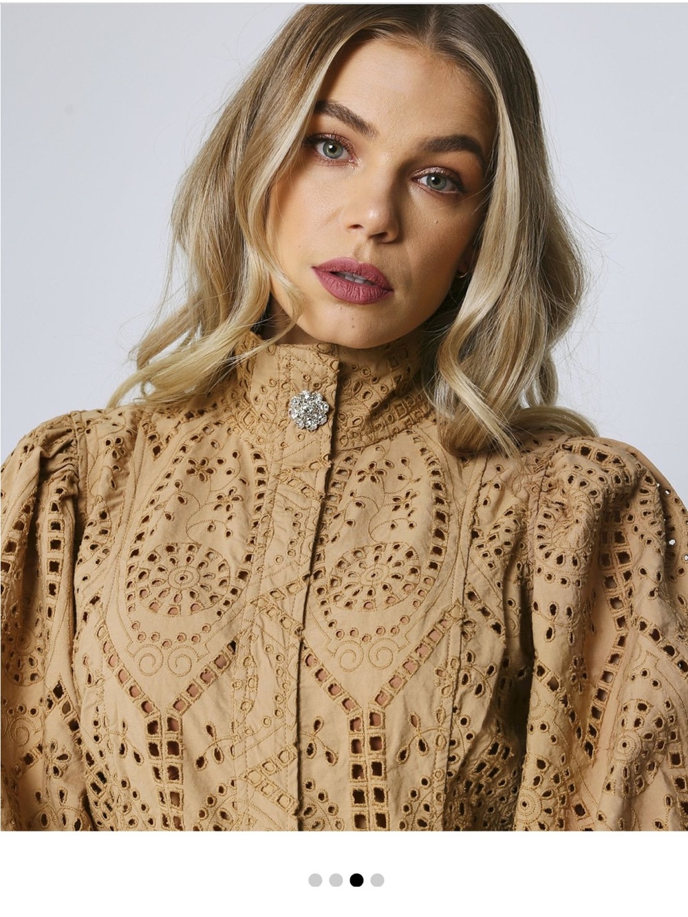Ganni Tan Broderie Anglaise Midi Dress with Puff Sleeves - Picture 4 of 9